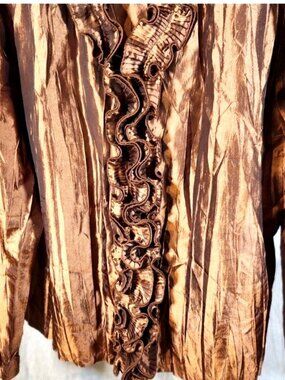 Vintage ColourWorks Ruffle Front Shirt Copper Crinkle Satin Button Up L